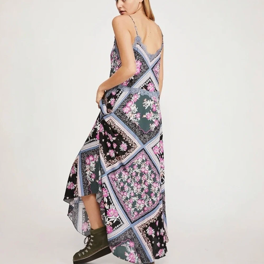 NWT Free People Intimately Stevie Printed Maxi Slip Dress Size S Graphite Combo
